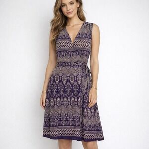 Tory Burch Wrap Dress Womens Small Silk Blend Purple Print V Neck Knee Length